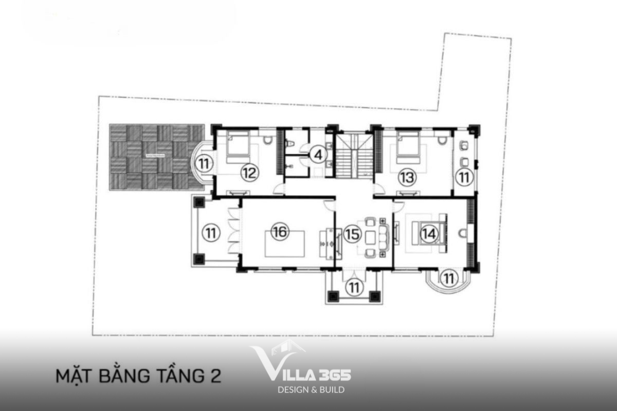 Tầng 2 trong bản vẽ biệt thự tân cổ điển 2 mặt tiền với phòng ngủ Master tọa lạc ở vị trí đắc địa nhất, hưởng trọn ánh sáng tự nhiên và tầm nhìn thông thoáng