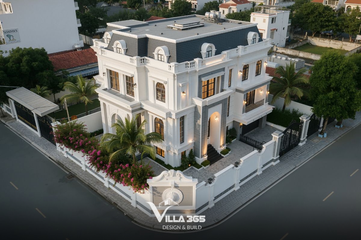 Không có mẫu nào tái hiện khí chất dinh thự Pháp cổ điển trọn vẹn hơn mẫu biệt thự tân cổ điển 2 mặt tiền mái Mansard xanh than