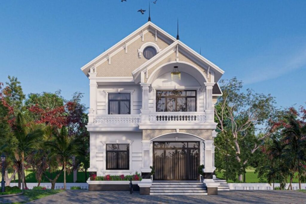 Biệt thự tân cổ điển đẹp 2 tầng 1 tum với mái Thái giật cấp cực kỳ phù hợp với khí hậu nhiệt đới Việt Nam nhờ khả năng thoát nước và cách nhiệt tự nhiên vượt trội
