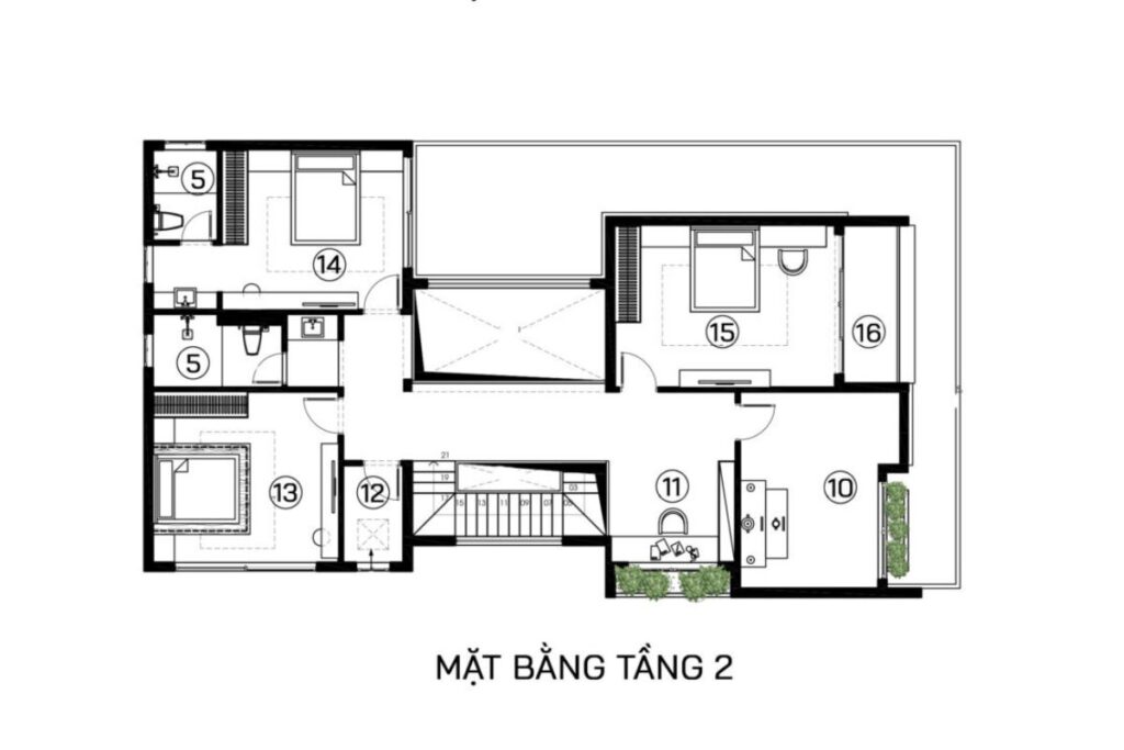 Tầng 2 bố trí 3 phòng ngủ còn lại, bao gồm 1 Master Bedroom và 2 phòng ngủ tiêu chuẩn.