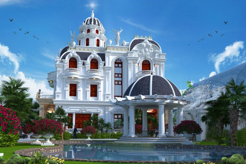 Mẫu biệt thự vườn cổ điển Pháp kết hợp cân bằng giữa hình khối cổ điển và cảnh quan thiên nhiên