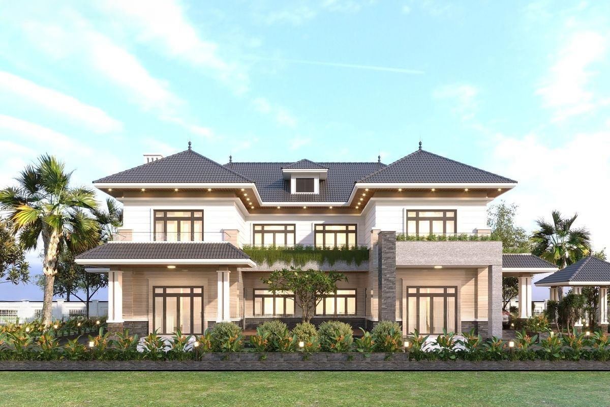 Top mẫu biệt thự 2 tầng mái Thái hiện đại đẹp nhất 2026 6 Mẫu biệt thự mái Thái hình chữ U với khoảng sân trung tâm thoáng rộng, kết hợp sân vườn và không gian sinh hoạt ngoài trời. ( Ảnh: Sưu tầm )
