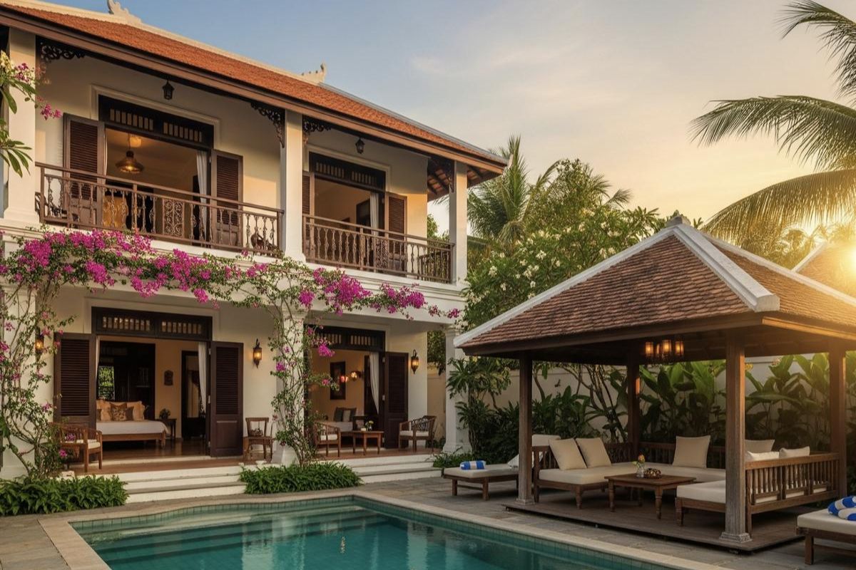 30+ Mẫu biệt thự Indochine đẹp nhất 2026 (kèm mặt bằng & chi phí thực tế) 28 Mẫu biệt thự phong cách Indochine kết hợp hồ bơi tạo không gian nghỉ dưỡng sang trọng và thoáng đãng ( Ảnh: Sưu tầm )