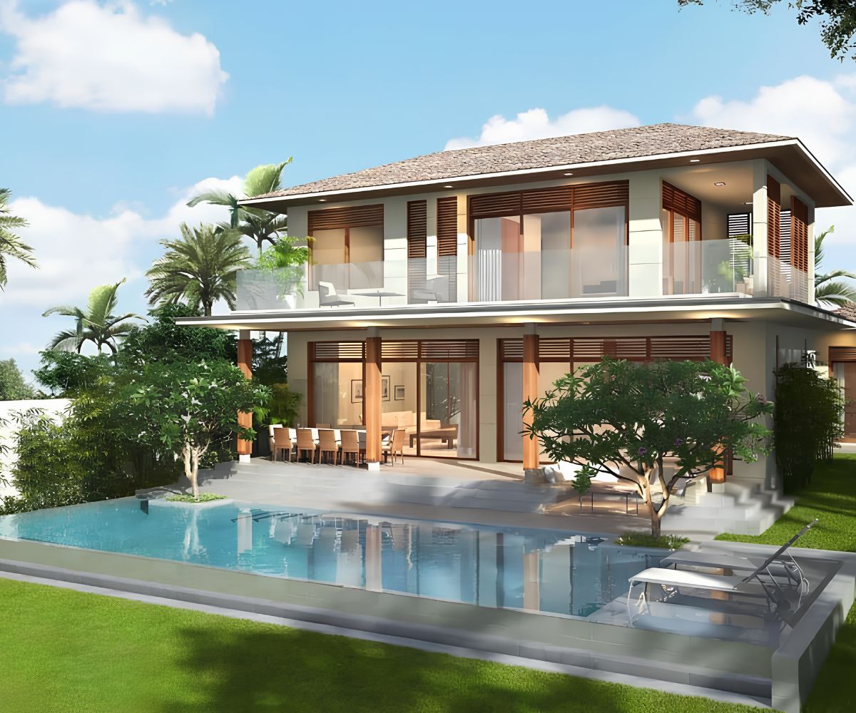 99+ Mẫu biệt thự 2 tầng mái nhật đẹp sang trọng kèm bản vẽ & báo giá 21 Hồ bơi là điểm nhấn của biệt thự mái Nhật 2 tầng (Ảnh: Sưu tầm)