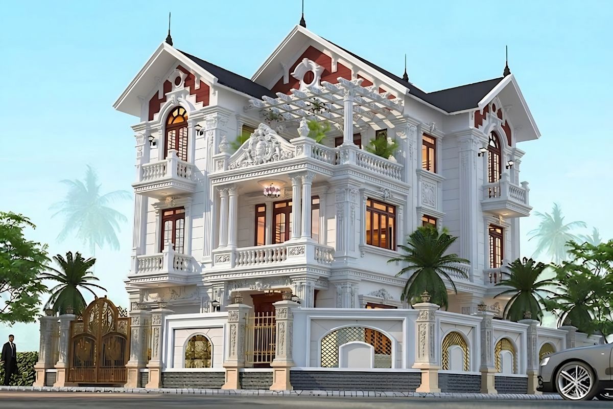 Mái dốc giúp tổng thể biệt thự 3 tầng cổ điển thanh thoát hơn (Ảnh: Sưu tầm)