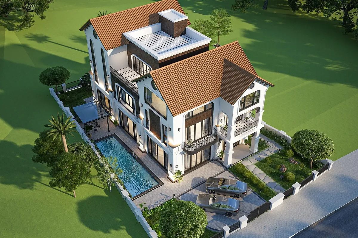Mẫu biệt thự 3 tầng Indochine đẹp đẳng cấp nhất 2026 kèm bản vẽ 6 Hồ bơi trở thành điểm nhấn ngoại thất của nhà Indochine đẹp (Ảnh: Sưu tầm)