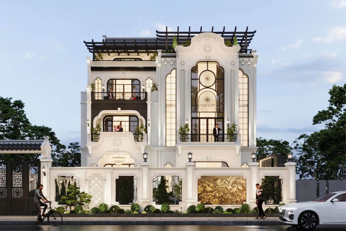Mẫu biệt thự 3 tầng Indochine đẹp đẳng cấp nhất 2026 kèm bản vẽ 10 Tầng tum là điểm nhấn nhẹ trong mẫu biệt thự Indochine (Ảnh: Sưu tầm)
