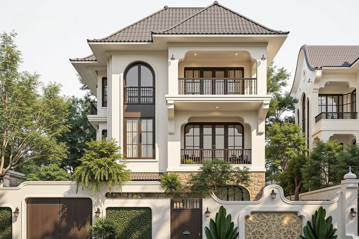 Mẫu biệt thự 3 tầng Indochine đẹp đẳng cấp nhất 2026 kèm bản vẽ 18 Cửa kính và ban công giúp biệt thự Đông Dương đón sáng tốt (Ảnh: Sưu tầm)