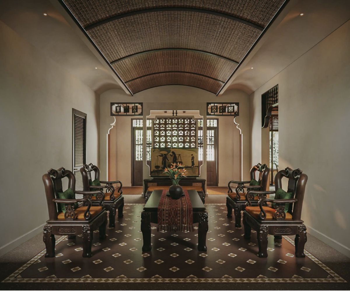 Mẫu biệt thự 3 tầng Indochine đẹp đẳng cấp nhất 2026 kèm bản vẽ 22 Biệt thự Đông Dương nổi bật với gam màu trầm ấm và họa tiết truyền thống tinh tế (Ảnh: Sưu tầm)