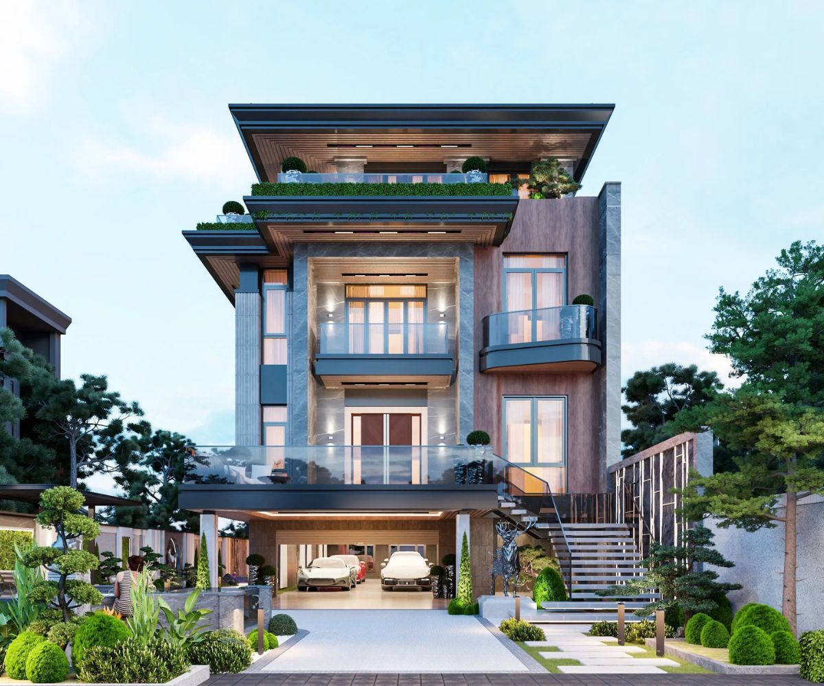 Ngoại thất kết hợp cửa cuốn và kính giúp nhà mái Nhật 3 tầng đồng bộ (Ảnh: Sưu tầm)