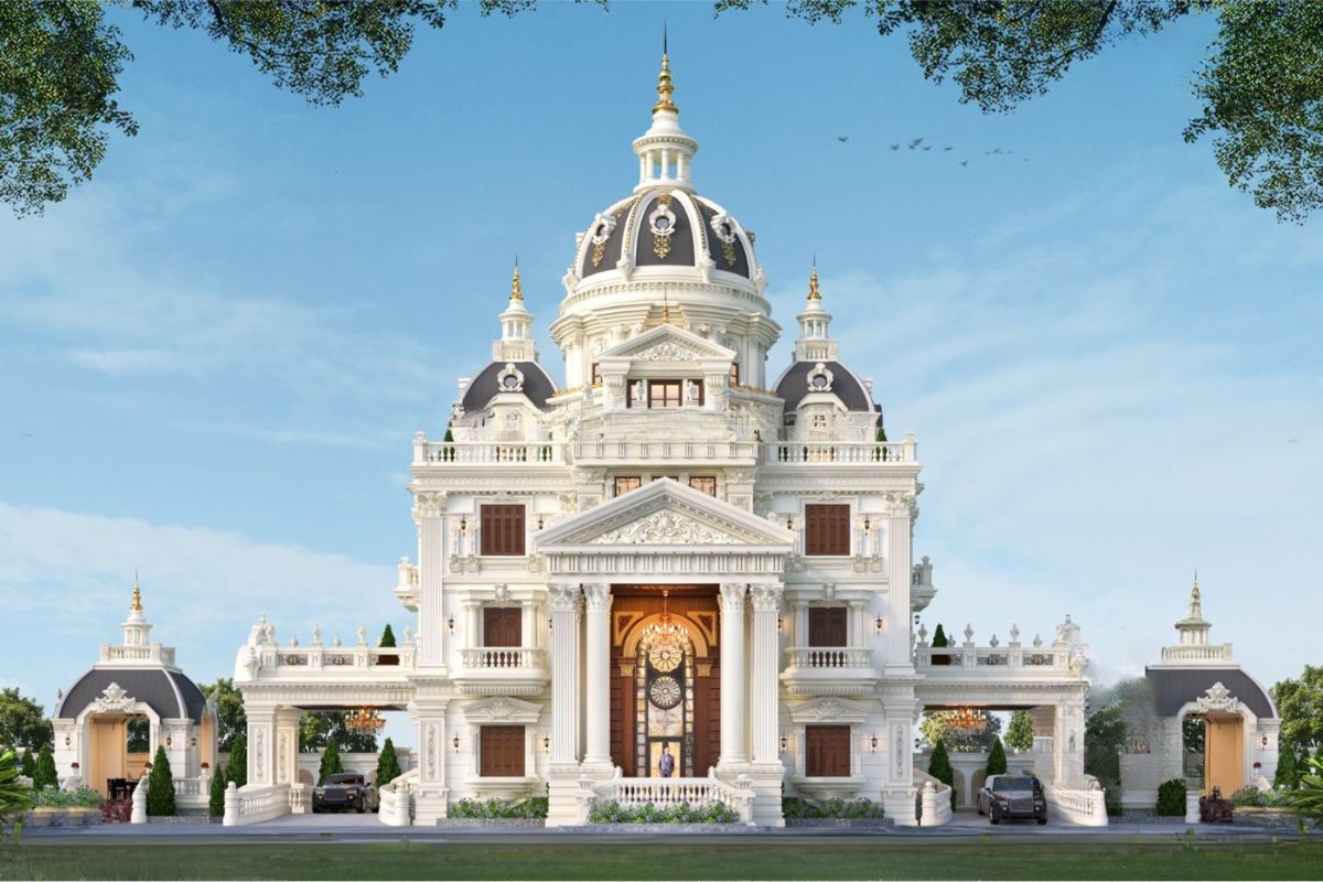 Top mẫu biệt thự cổ điển châu Âu đẹp đẳng cấp & bản vẽ công năng 2026 12 Bố cục mặt tiền giật cấp kết hợp tháp cao tạo nên vẻ đẹp uy nghi và đầy quyền lực cho biệt thự lâu đài (Ảnh: Sưu tầm)