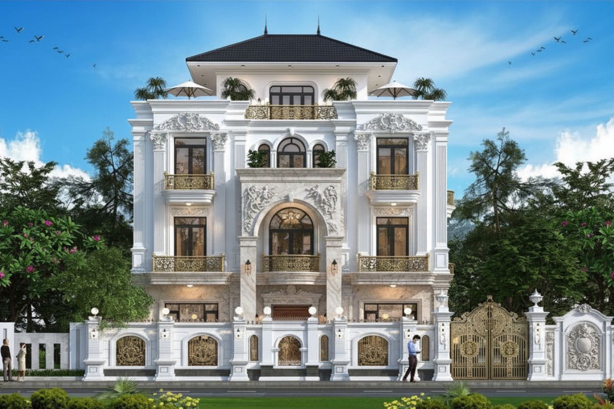 30+ Mẫu biệt thự 4 tầng cổ điển đẳng cấp kèm chi phí xây dựng thực tế 2026 3 Biệt thự 4 tầng cổ điển khẳng định đẳng cấp và vị thế gia chủ (Ảnh: Sưu tầm)