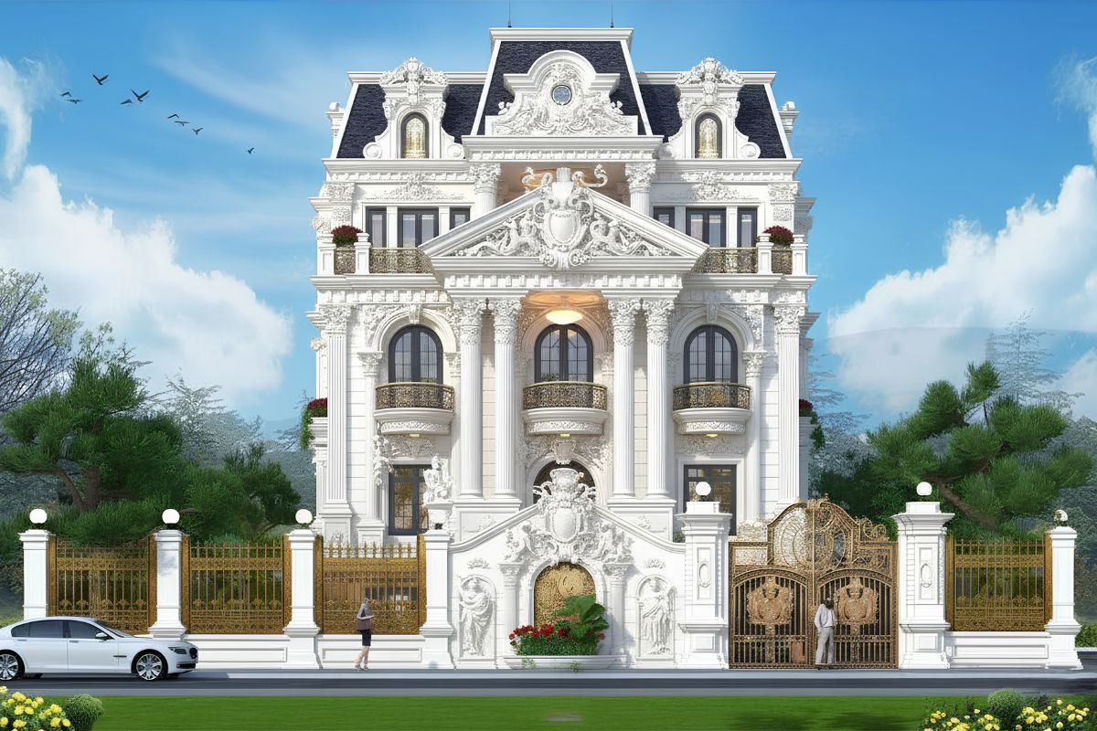 30+ Mẫu biệt thự 4 tầng cổ điển đẳng cấp kèm chi phí xây dựng thực tế 2026 8 Biệt thự 4 tầng mái Mansard ghi dấu ấn với phần mái bề thế và đậm chất kiến trúc Pháp (Ảnh: Sưu tầm)