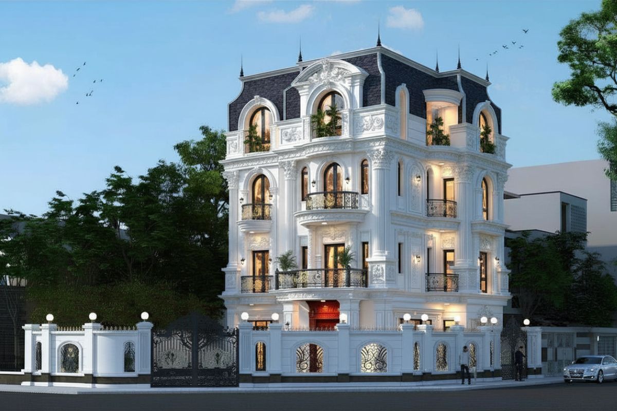 30+ Mẫu biệt thự 4 tầng cổ điển đẳng cấp kèm chi phí xây dựng thực tế 2026 11 Một trong những mẫu biệt thự 4 tầng cổ điển đẹp vừa sang trọng vừa thực dụng (Ảnh: Sưu tầm)