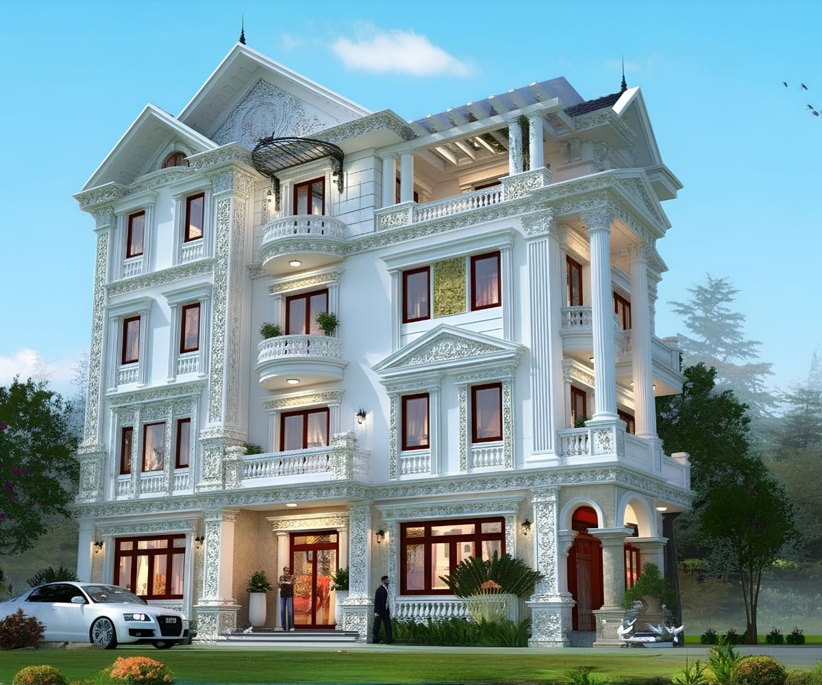 30+ Mẫu biệt thự 4 tầng cổ điển đẳng cấp kèm chi phí xây dựng thực tế 2026 18 Biệt thự cổ điển 4 tầng có thang máy giúp tối ưu trải nghiệm sống hằng ngày (Ảnh: Sưu tầm)