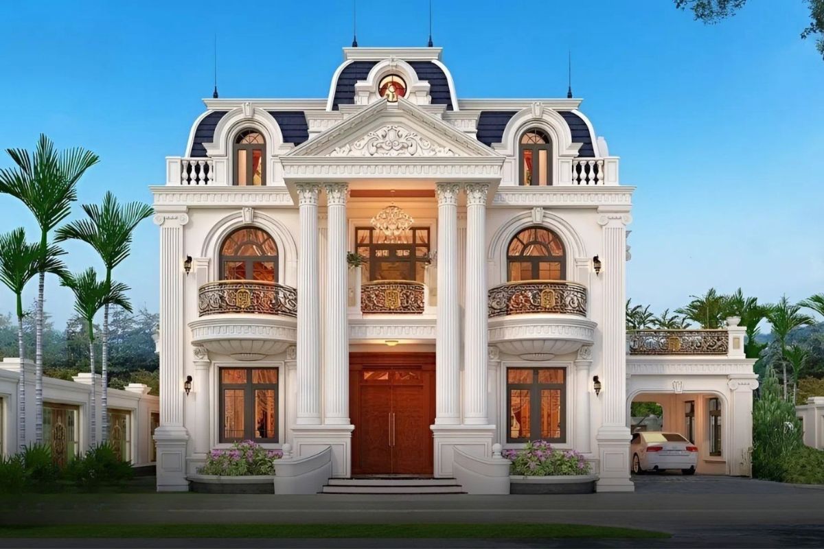 10+ Mẫu biệt thự cổ điển mái Mansard đẹp & bản vẽ công năng 2026 7 Kiến trúc đối xứng chuẩn mực giúp biệt thự mái Mansard 2 tầng giữ trọn vẻ bề thế và sang trọng vượt thời gian (Ảnh: Sưu tầm)