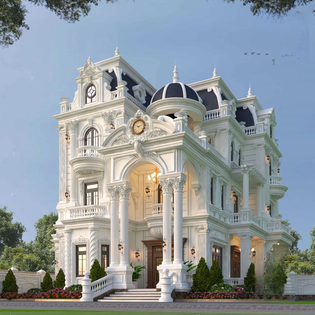 10+ Mẫu biệt thự cổ điển mái Mansard đẹp & bản vẽ công năng 2026 11 Biệt thự cổ điển mái Mansard 3 tầng mang đến không gian sống đẳng cấp, lý tưởng cho gia đình nhiều thế hệ (Ảnh: Sưu tầm)