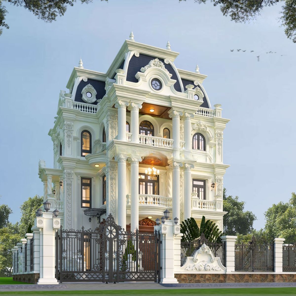 10+ Mẫu biệt thự cổ điển mái Mansard đẹp & bản vẽ công năng 2026 12 Phân chia công năng khoa học giúp biệt thự Mansard 3 tầng tối ưu trải nghiệm sinh hoạt và nghỉ ngơi (Ảnh: Sưu tầm)