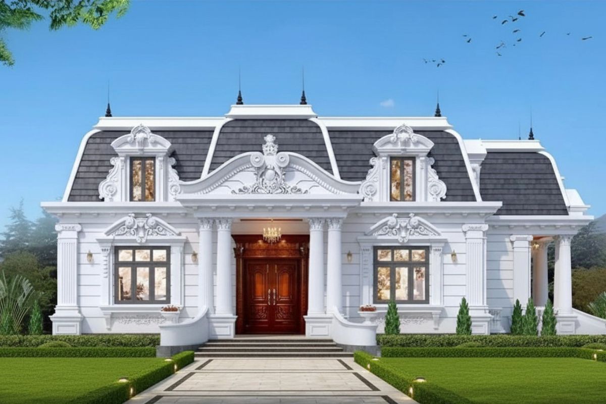 10+ Mẫu biệt thự cổ điển mái Mansard đẹp & bản vẽ công năng 2026 18 Lối dạo bộ uốn lượn tạo điểm nhấn mềm mại cho tổng thể biệt thự vườn sang trọng (Ảnh: Sưu tầm)