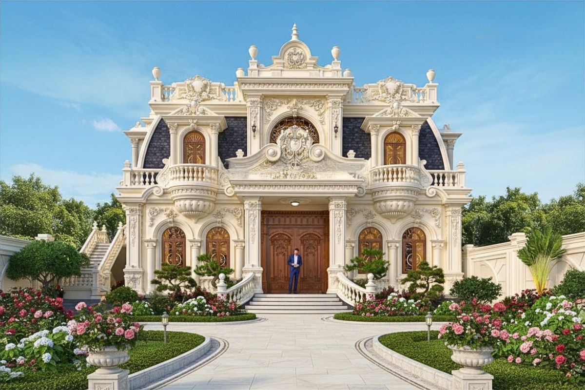 10+ Mẫu biệt thự cổ điển mái Mansard đẹp & bản vẽ công năng 2026 21 Thiết kế mở kết nối nội – ngoại thất giúp biệt thự vườn mái Mansard tràn ngập ánh sáng và gió tự nhiên (Ảnh: Sưu tầm)