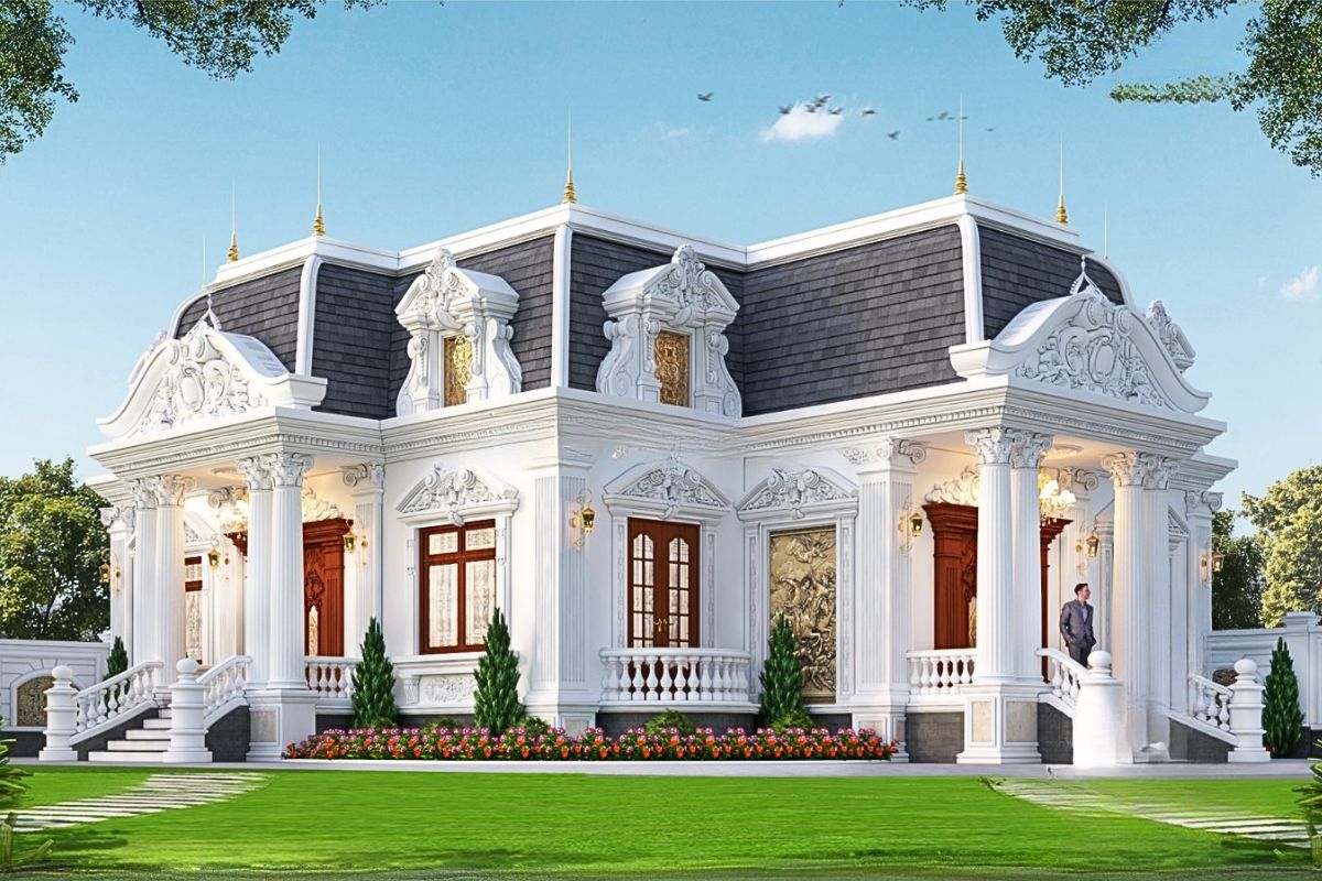 Top 10+ mẫu biệt thự cổ điển nhà vườn đẳng cấp & bản vẽ chi tiết 2026 6 Dinh thự 1 tầng không chỉ bề thế ở mặt tiền mà còn tinh tế trong từng đường nét mái và phào chỉ (Ảnh: Sưu tầm)