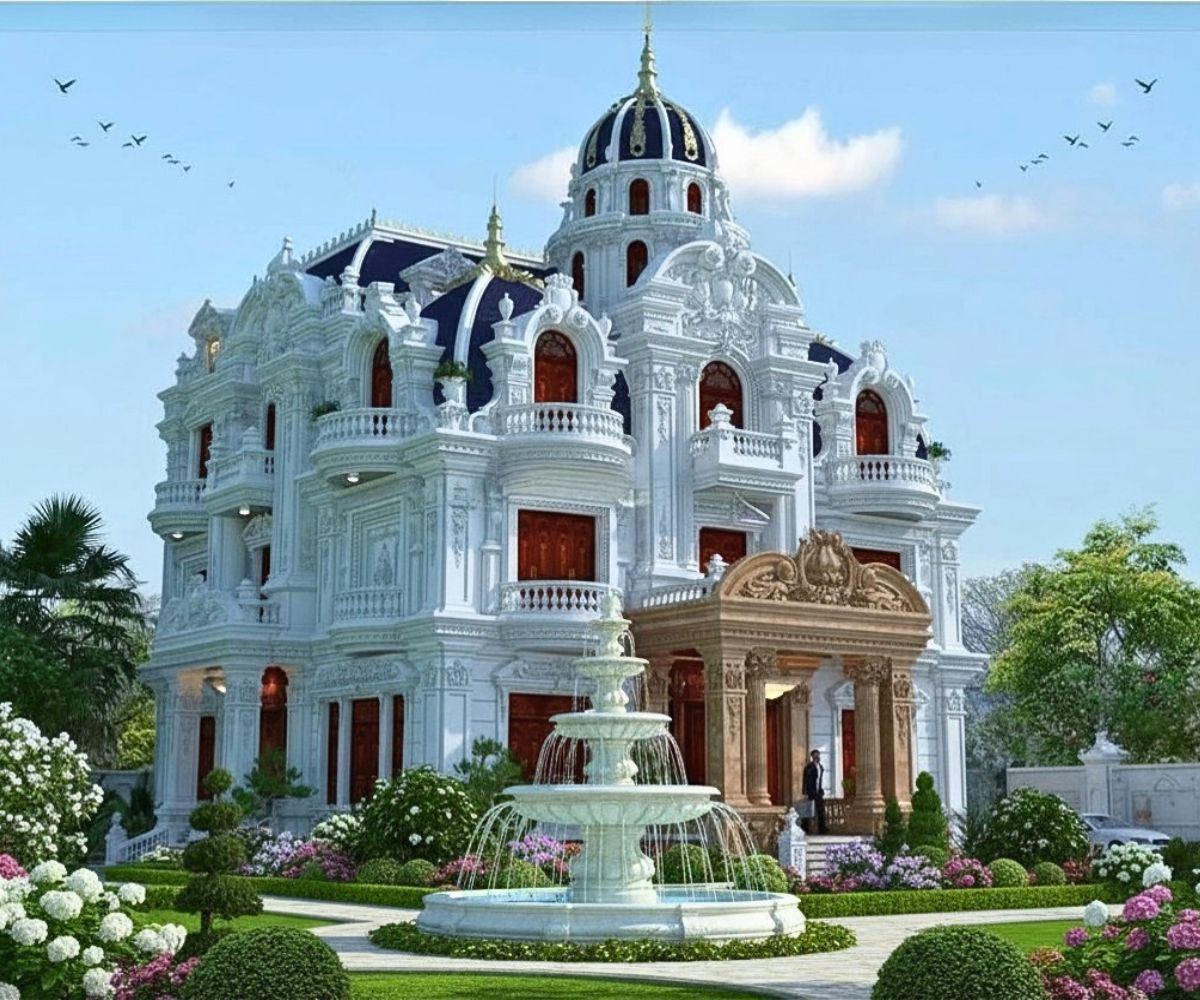 Top 10+ mẫu biệt thự cổ điển nhà vườn đẳng cấp & bản vẽ chi tiết 2026 20 Sân vườn chuẩn châu Âu với bố cục cân đối giúp không gian sống trở nên thư thái và hài hòa (Ảnh: Sưu tầm)