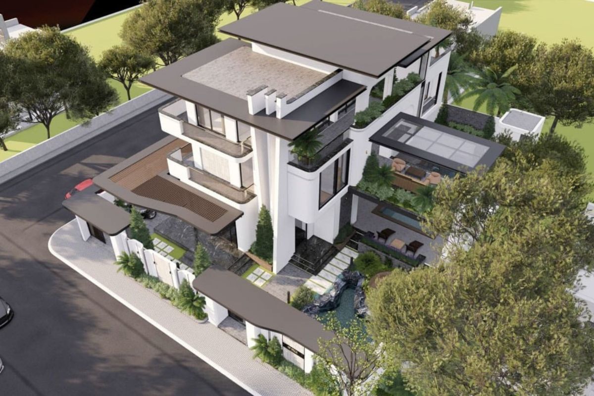 35+ mẫu biệt thự hiện đại 2 mặt tiền đẹp, bản vẽ & kinh nghiệm thiết kế 2026 8 Biệt thự góc tận dụng lợi thế vị trí để bố trí cảnh quan bao quanh công trình (Ảnh: Sưu tầm)