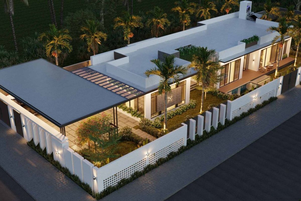35+ mẫu biệt thự hiện đại 2 mặt tiền đẹp, bản vẽ & kinh nghiệm thiết kế 2026 9 Thiết kế biệt thự 2 mặt tiền sân vườn giúp giảm nhiệt và tăng chất lượng không khí (Ảnh: Sưu tầm)