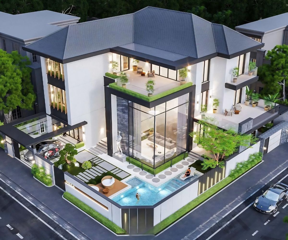 35+ mẫu biệt thự hiện đại 2 mặt tiền đẹp, bản vẽ & kinh nghiệm thiết kế 2026 10 Biệt thự hiện đại 2 mặt tiền có bể bơi tạo điểm nhấn sang trọng và đẳng cấp (Ảnh: Sưu tầm)