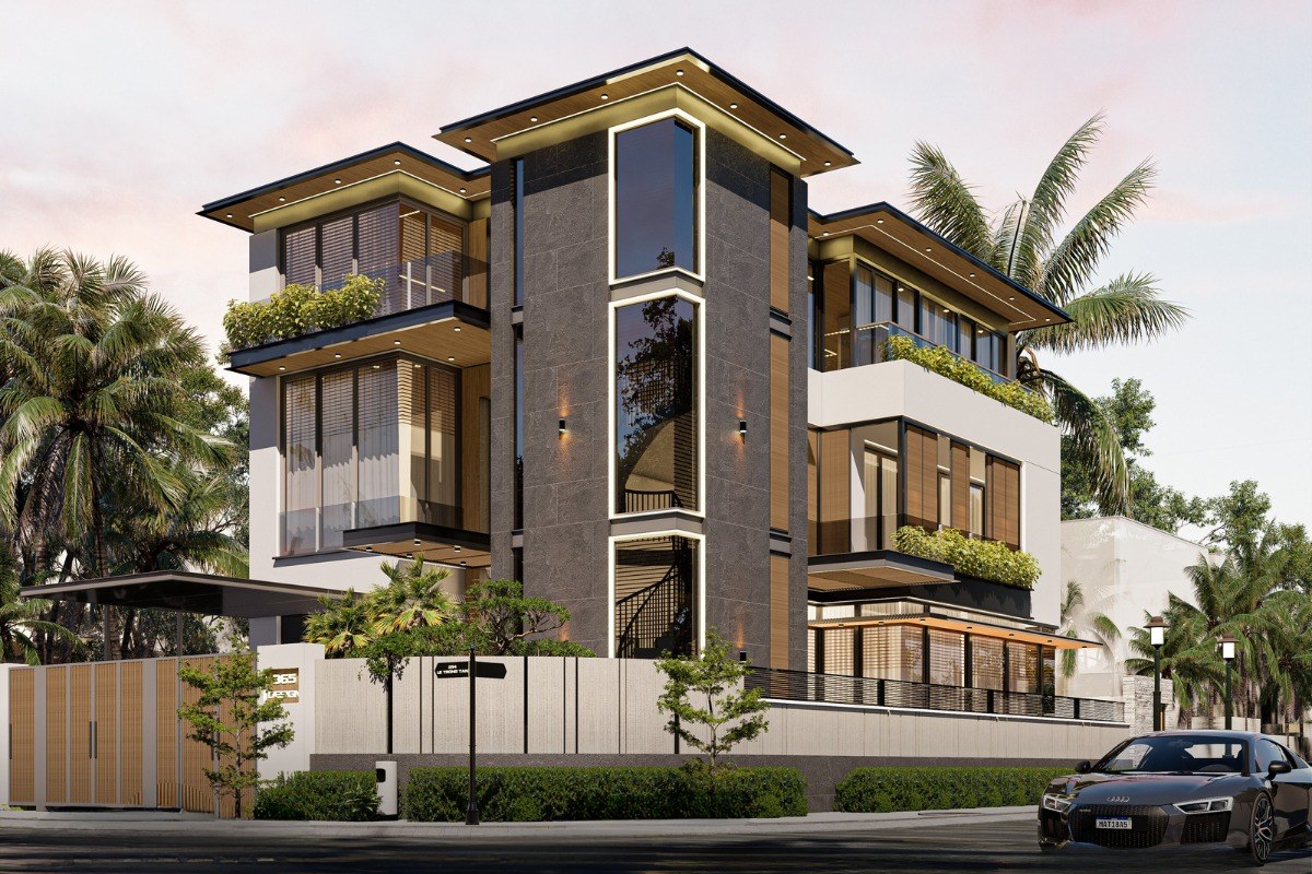 35+ mẫu biệt thự hiện đại 2 mặt tiền đẹp, bản vẽ & kinh nghiệm thiết kế 2026 16 Mẫu biệt thự 2 mặt tiền 3 tầng mang lại không gian sống rộng rãi và linh hoạt (Ảnh: Sưu tầm)