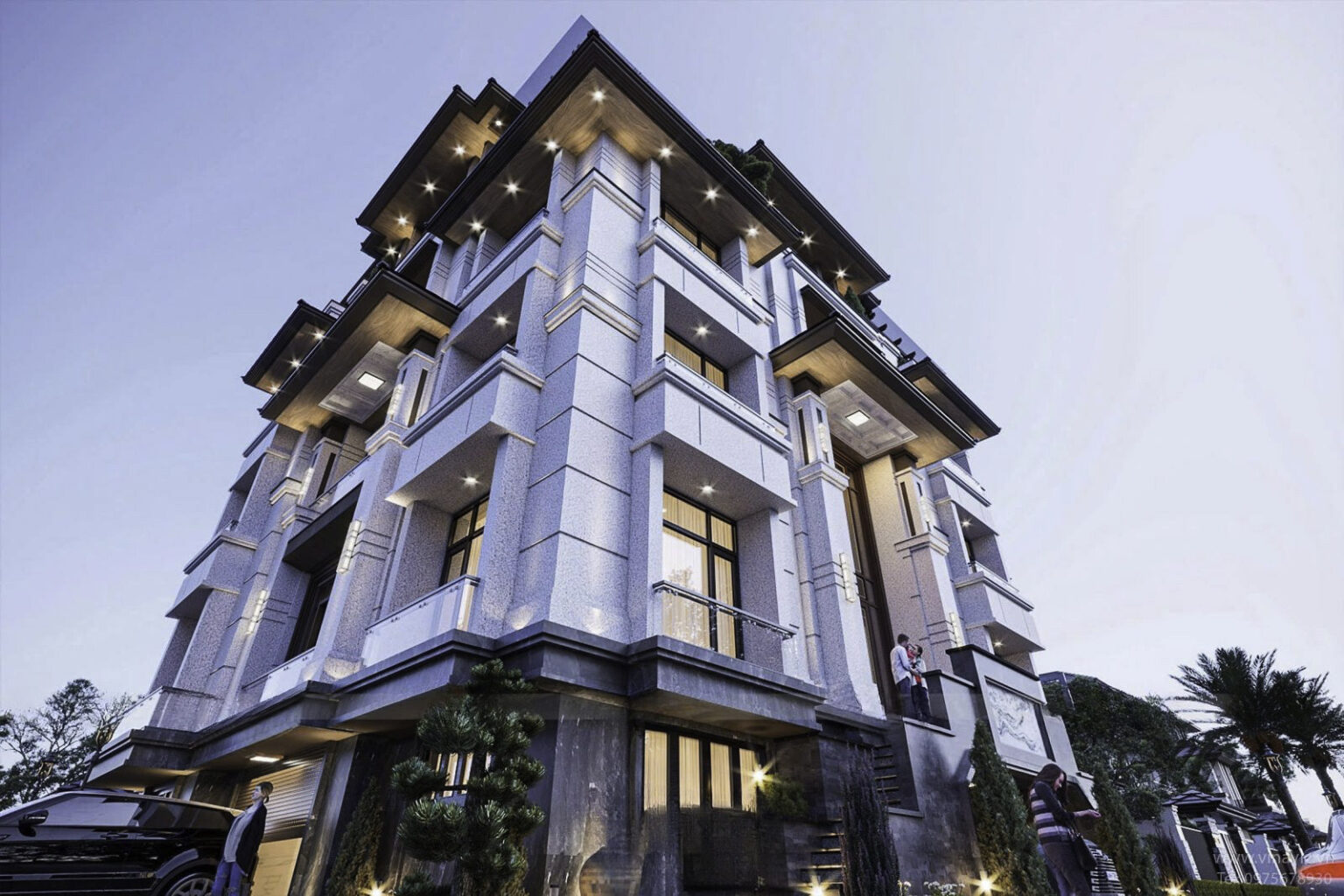 35+ mẫu biệt thự hiện đại 2 mặt tiền đẹp, bản vẽ & kinh nghiệm thiết kế 2026 21 Nhà 2 mặt tiền đẹp 4 tầng tạo điểm nhấn mạnh mẽ trong không gian đô thị (Ảnh: Sưu tầm)