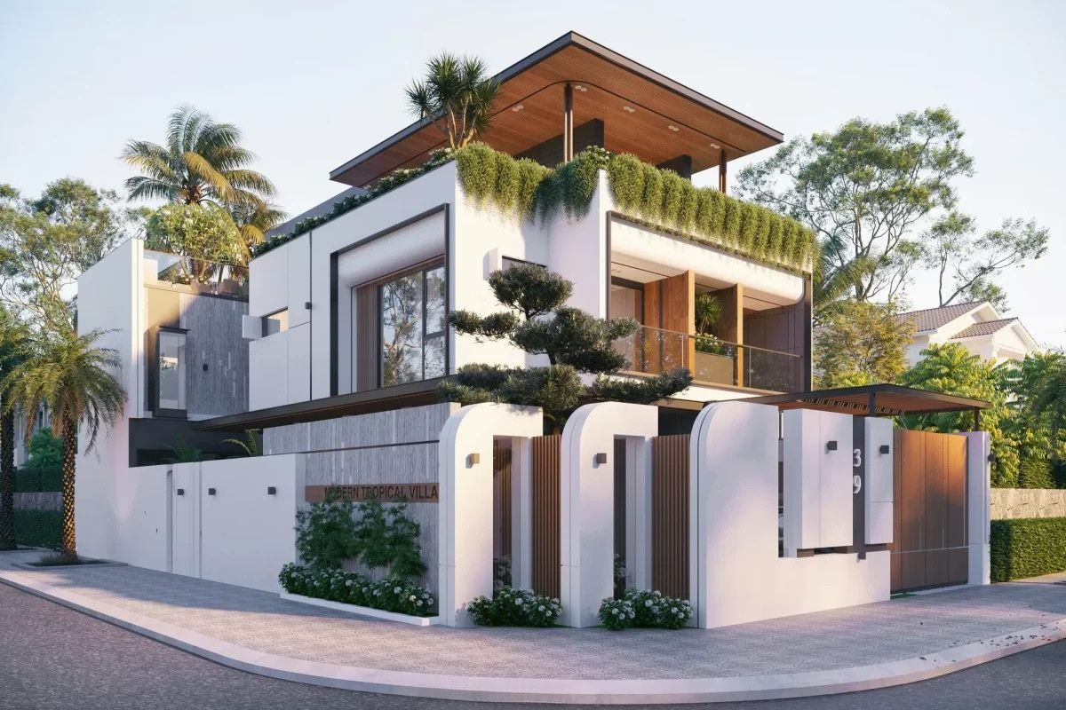 35+ mẫu biệt thự hiện đại 2 mặt tiền đẹp, bản vẽ & kinh nghiệm thiết kế 2026 26 Góc giao hai mặt tiền là điểm nhấn quan trọng của biệt thự hiện đại 2 mặt tiền (Ảnh: Sưu tầm)