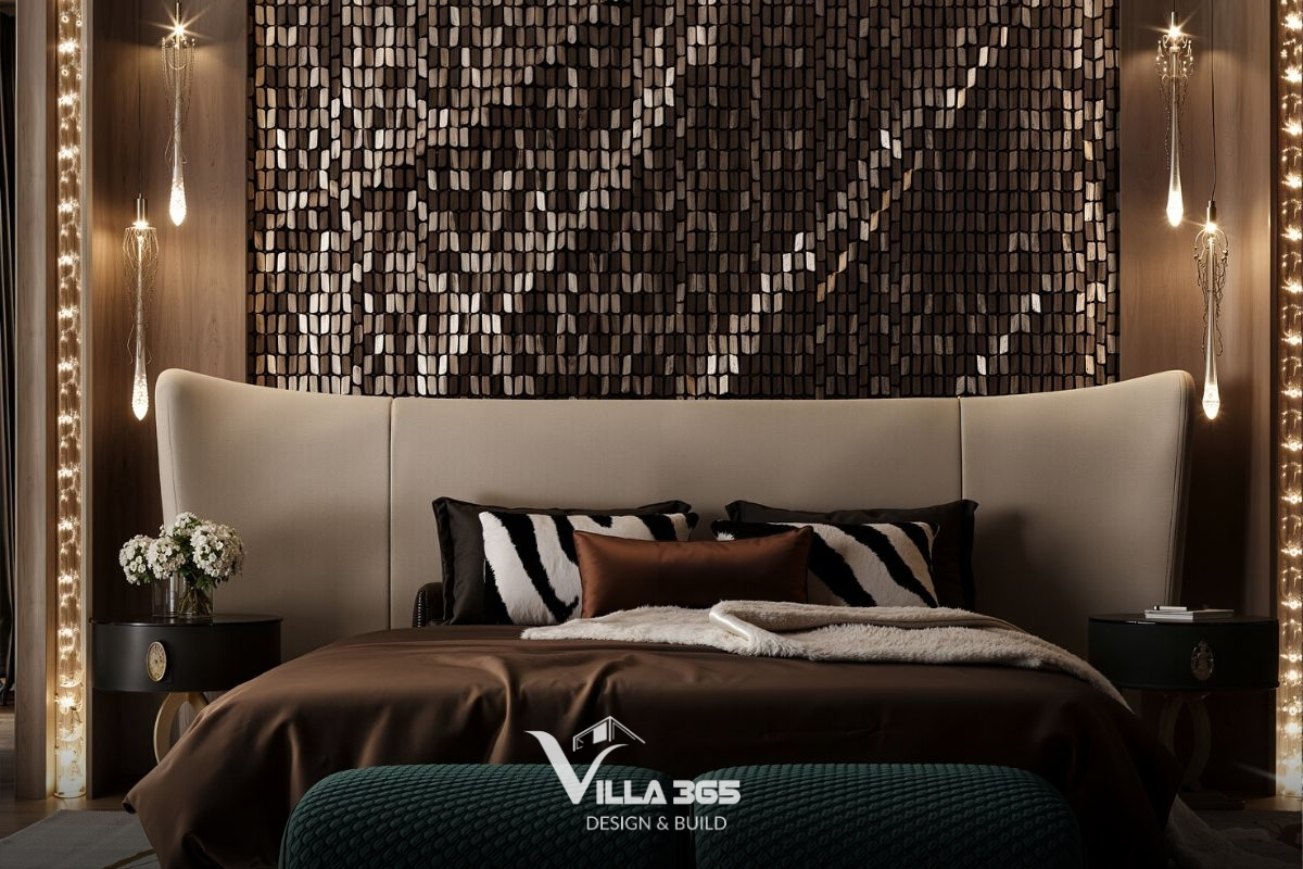 Bonded Villa - Biệt thự 3 tầng có vườn trên mái, tận dụng yếu tố tự nhiên để giảm năng lượng vận hành 13 Mảng tường đầu giường được phủ bằng tấm ốp kim loại xếp lớp tạo ra hiệu ứng lấp lánh