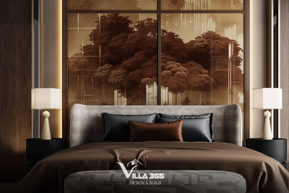 Bonded Villa - Biệt thự 3 tầng có vườn trên mái, tận dụng yếu tố tự nhiên để giảm năng lượng vận hành 14 Bức tranh kính nghệ thuật khổ lớn với tông màu vàng nâu gợi liên tưởng đến những cánh rừng cổ điển