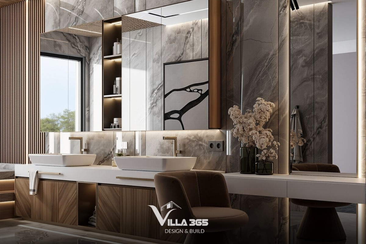 Bonded Villa - Biệt thự 3 tầng có vườn trên mái, tận dụng yếu tố tự nhiên để giảm năng lượng vận hành 16 Việc nối dài mặt bàn đá thành bàn trang điểm thấp hơn, kết hợp cùng chiếc ghế đơn bọc nỉ cao cấp màu nâu chocolate, tạo nên một góc làm đẹp riêng biệt và tinh tế cho nữ gia chủ