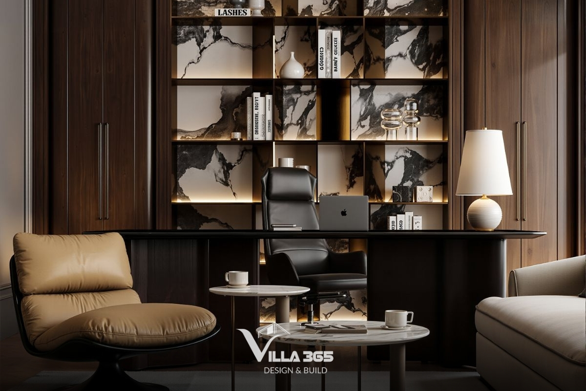 Bonded Villa - Biệt thự 3 tầng có vườn trên mái, tận dụng yếu tố tự nhiên để giảm năng lượng vận hành 15 Ghế đơn bọc da màu nâu bò với kiểu dáng mềm mại là "điểm nghỉ" thị giác, giúp không gian bớt cứng nhắc và thêm phần thoải mái