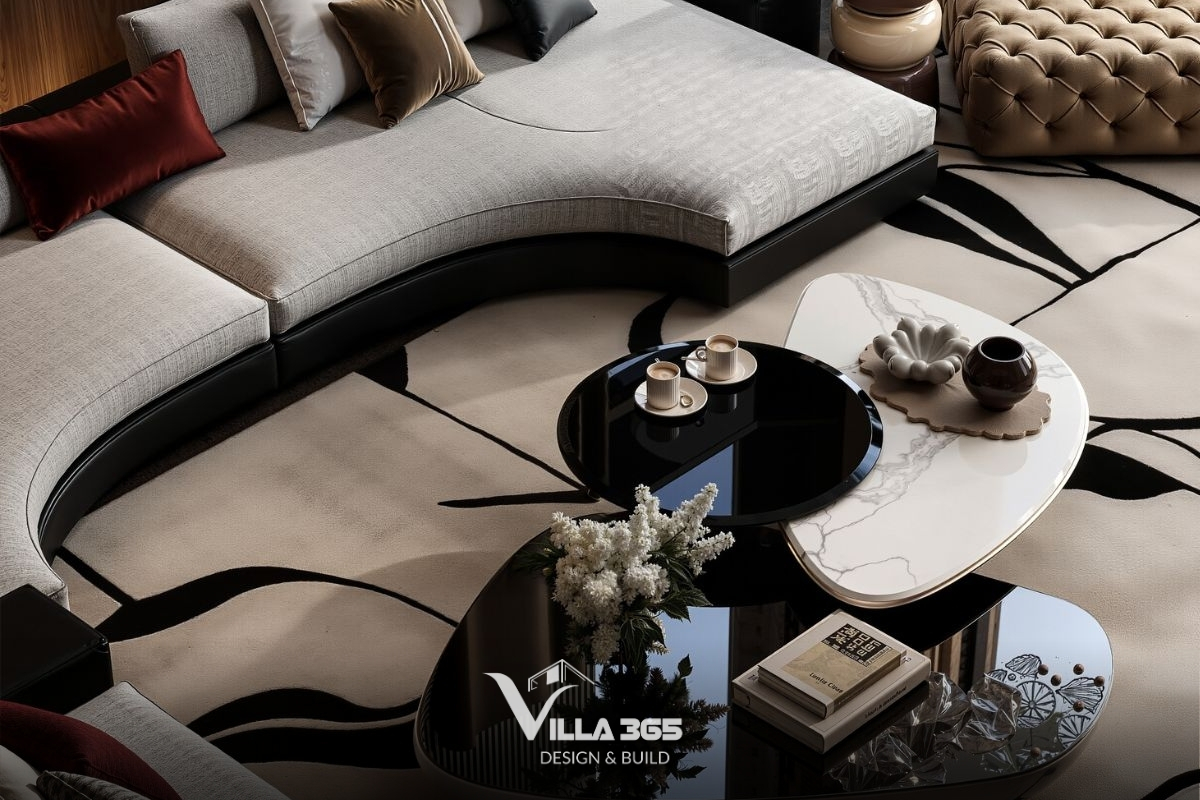 Bonded Villa - Biệt thự 3 tầng có vườn trên mái, tận dụng yếu tố tự nhiên để giảm năng lượng vận hành 9 Bố cục sofa hình vòng cung định hướng giao tiếp, tạo tâm điểm cho sinh hoạt gia đình