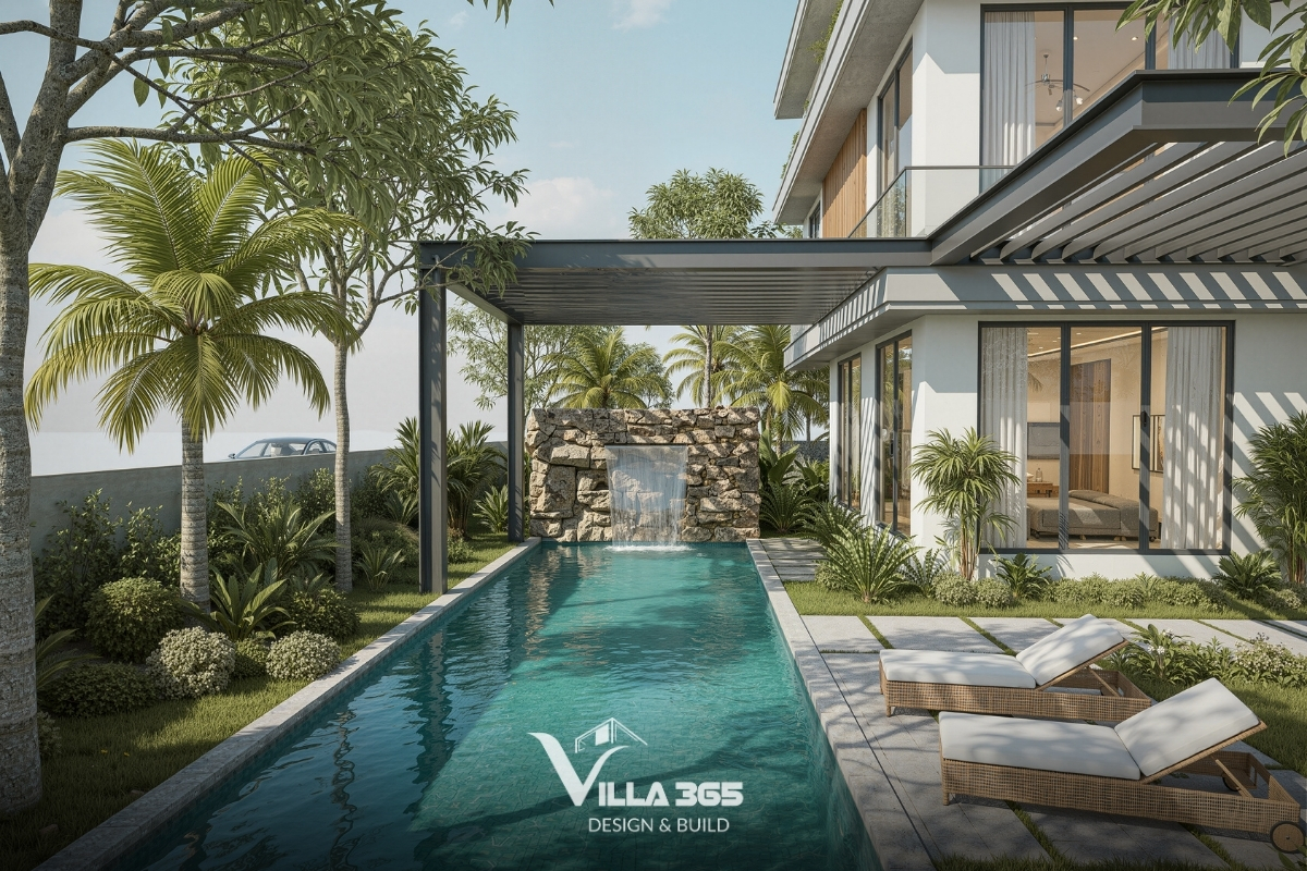 Plateau Villa - Biệt thự nghỉ dưỡng trên cao nguyên để gia chủ “chạy trốn” đô thị, tìm về bình yên 5 Bể bơi dài với làn nước xanh ngắt, tạo cảm giác mát mẻ và là điểm nhấn trung tâm của sân vườn