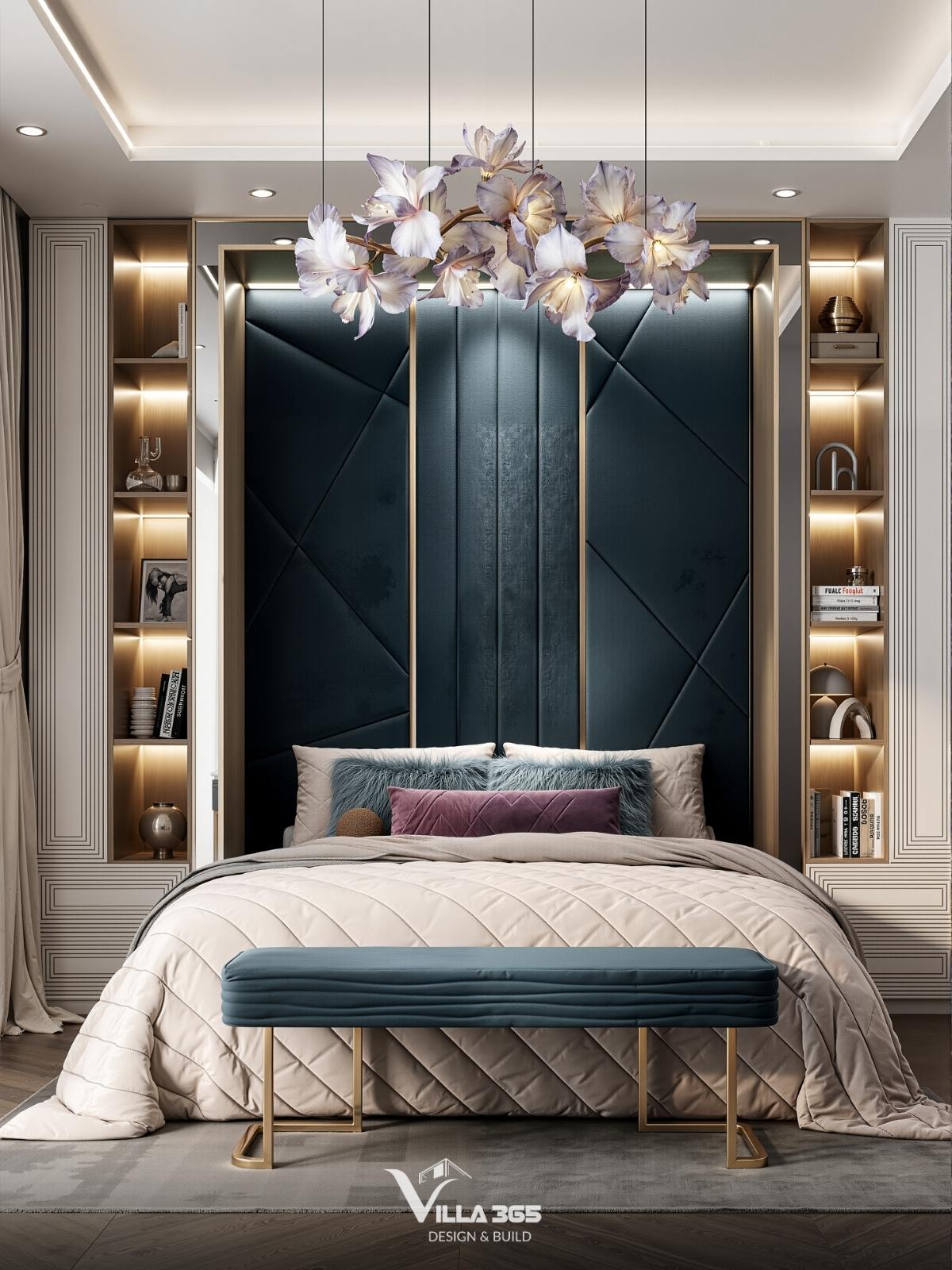 Plateau Villa - Biệt thự nghỉ dưỡng trên cao nguyên để gia chủ “chạy trốn” đô thị, tìm về bình yên 12 Sự kết hợp giữa màu xanh Teal đậm của vách tường với màu kem trung tính của chăn ga và màu tím mận của gối trang trí tạo nên một bảng màu vừa sâu lắng, vừa quý phái