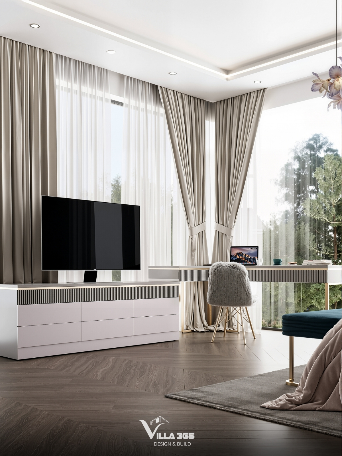 Plateau Villa - Biệt thự nghỉ dưỡng trên cao nguyên để gia chủ “chạy trốn” đô thị, tìm về bình yên 13 Bàn làm việc được đặt ngay cạnh hệ kính lớn kịch trần, cho phép gia chủ vừa làm việc vừa tận hưởng tầm nhìn xanh mát ra rừng thông Đà Lạt