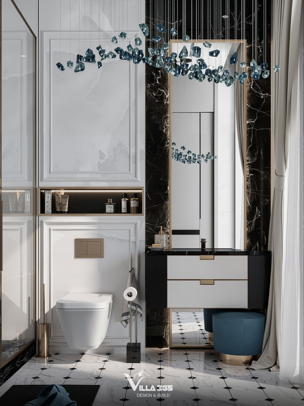 Plateau Villa - Biệt thự nghỉ dưỡng trên cao nguyên để gia chủ “chạy trốn” đô thị, tìm về bình yên 14 Dàn đèn thả với các viên pha lê màu xanh biển được treo ngẫu hứng, gợi liên tưởng đến những giọt nước hay những viên đá quý đang bay lơ lửng