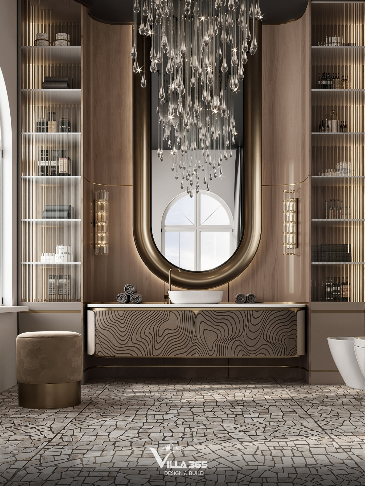 Plateau Villa - Biệt thự nghỉ dưỡng trên cao nguyên để gia chủ “chạy trốn” đô thị, tìm về bình yên 18 Chiếc gương với khung đồng dày, bo tròn mềm mại là tâm điểm của phòng tắm