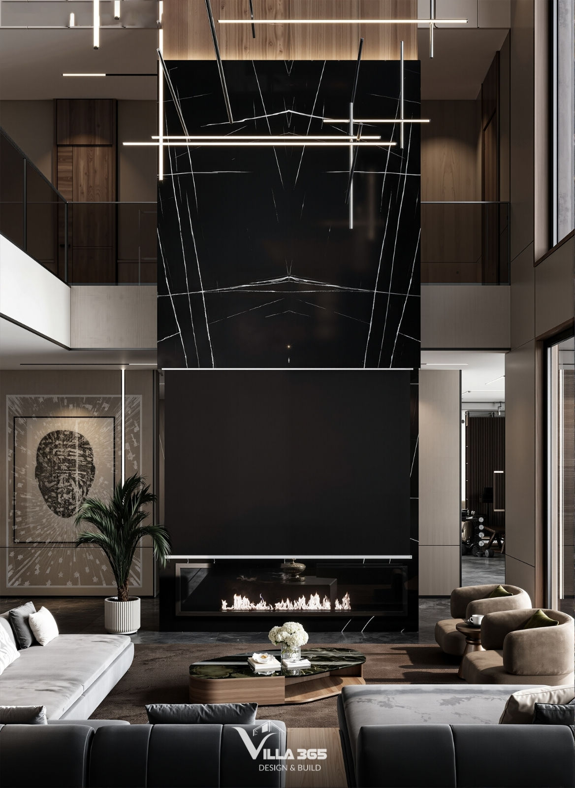 Plateau Villa - Biệt thự nghỉ dưỡng trên cao nguyên để gia chủ “chạy trốn” đô thị, tìm về bình yên 7 Mảng tường lớn phía sau TV được ốp đá Marble đen với các đường vân trắng mạnh mẽ, xa hoa