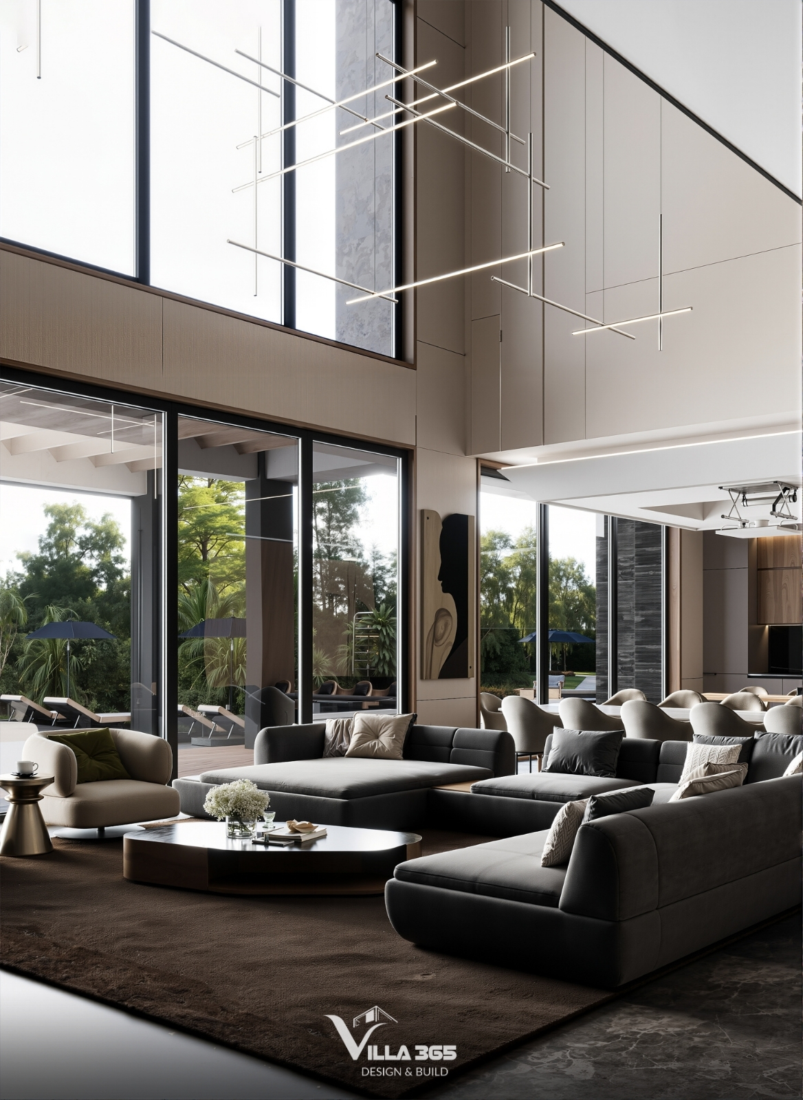 Plateau Villa - Biệt thự nghỉ dưỡng trên cao nguyên để gia chủ “chạy trốn” đô thị, tìm về bình yên 8 Sự kết hợp giữa các sắc độ xám, nâu trầm của thảm và màu kem của tường tạo nên sự điềm đạm, tinh tế