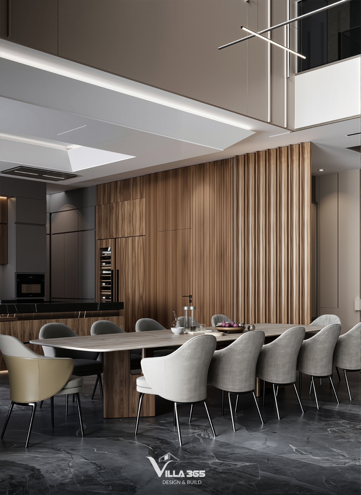 Plateau Villa - Biệt thự nghỉ dưỡng trên cao nguyên để gia chủ “chạy trốn” đô thị, tìm về bình yên 9 Toàn bộ mảng tường lớn phía sau bàn ăn được ốp gỗ với các đường lam dọc tinh tế