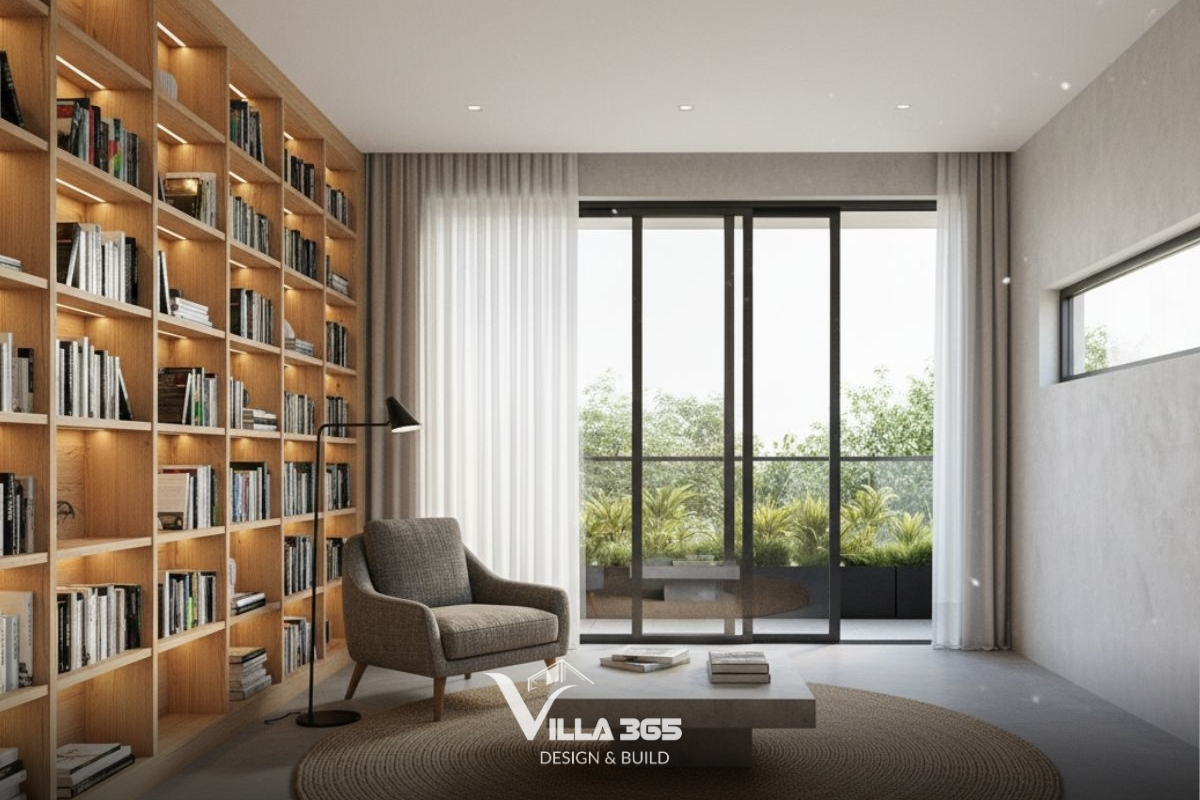 Nest Villa - Biệt thự “đóng ngoài – mở trong” dành cho gia chủ hướng nội 14 Hệ tủ sách lớn bằng gỗ sáng màu choáng ngợp một mảng tường, không chỉ là nơi lưu trữ tri thức mà còn đóng vai trò như một lớp cách âm, cách nhiệt tự nhiên