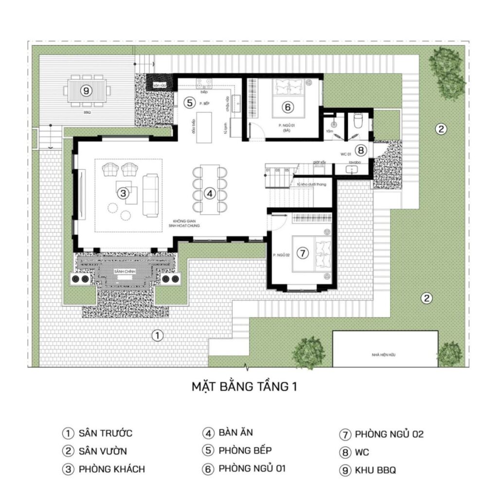 Top mẫu biệt thự nhà vườn tân cổ điển đẹp & bản vẽ chi tiết 2026 7 Bản vẽ biệt thự nhà vườn bao gồm phòng khách trung tâm thông thoáng, bếp-ăn mở ra sân vườn sau, phòng ngủ master hướng Đông Nam đón nắng sáng