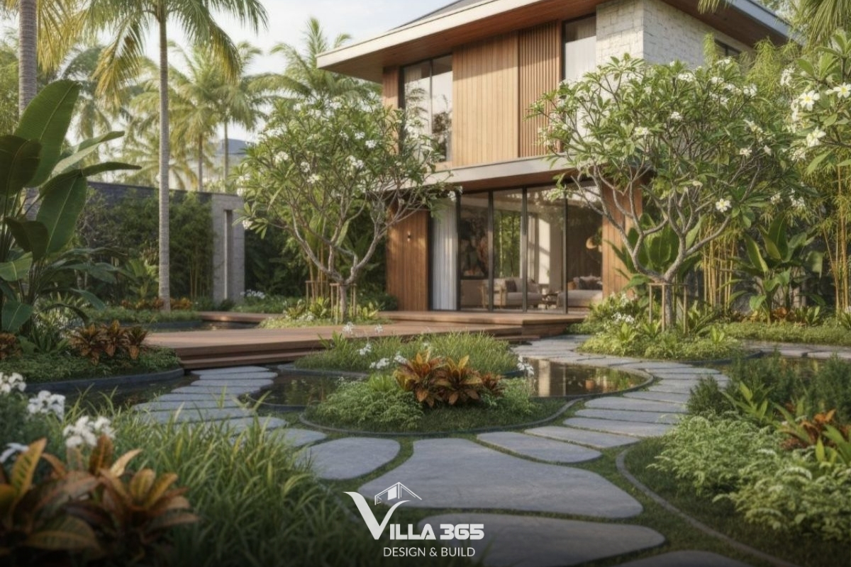 35+ Mẫu biệt thự nhà vườn 2 tầng đẹp & được ưa chuộng 2026 25 Nhà vườn được thiết kế với lối dạo bộ uốn lượn giữa thiên nhiên thư thái