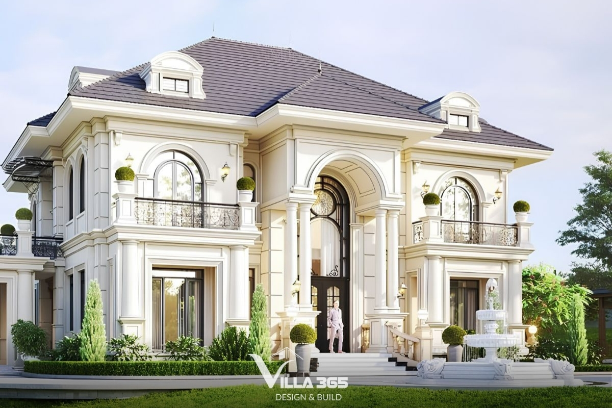 35+ Mẫu biệt thự nhà vườn 2 tầng đẹp & được ưa chuộng 2026 17 Nhà vườn tân cổ điển với mặt tiền trang trí chi tiết tinh xảo, vẻ đẹp vượt thời gian