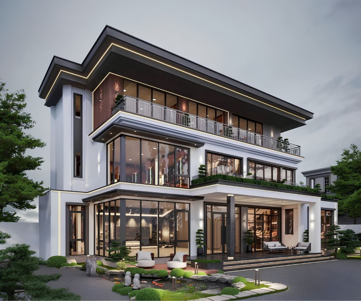 Hồ cá và tiểu cảnh tạo nên điểm nhấn phong thủy cho thiết kế biệt thự sân vườn (Ảnh: Sưu tầm)